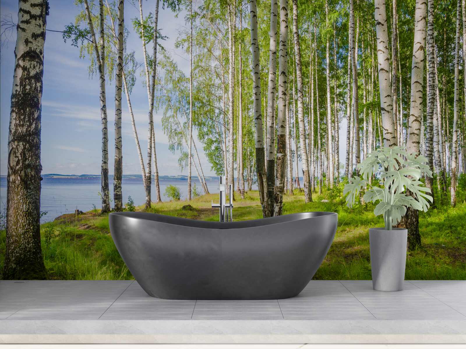 Фотошпалери галявина з березами біля озера, оточена зеленню