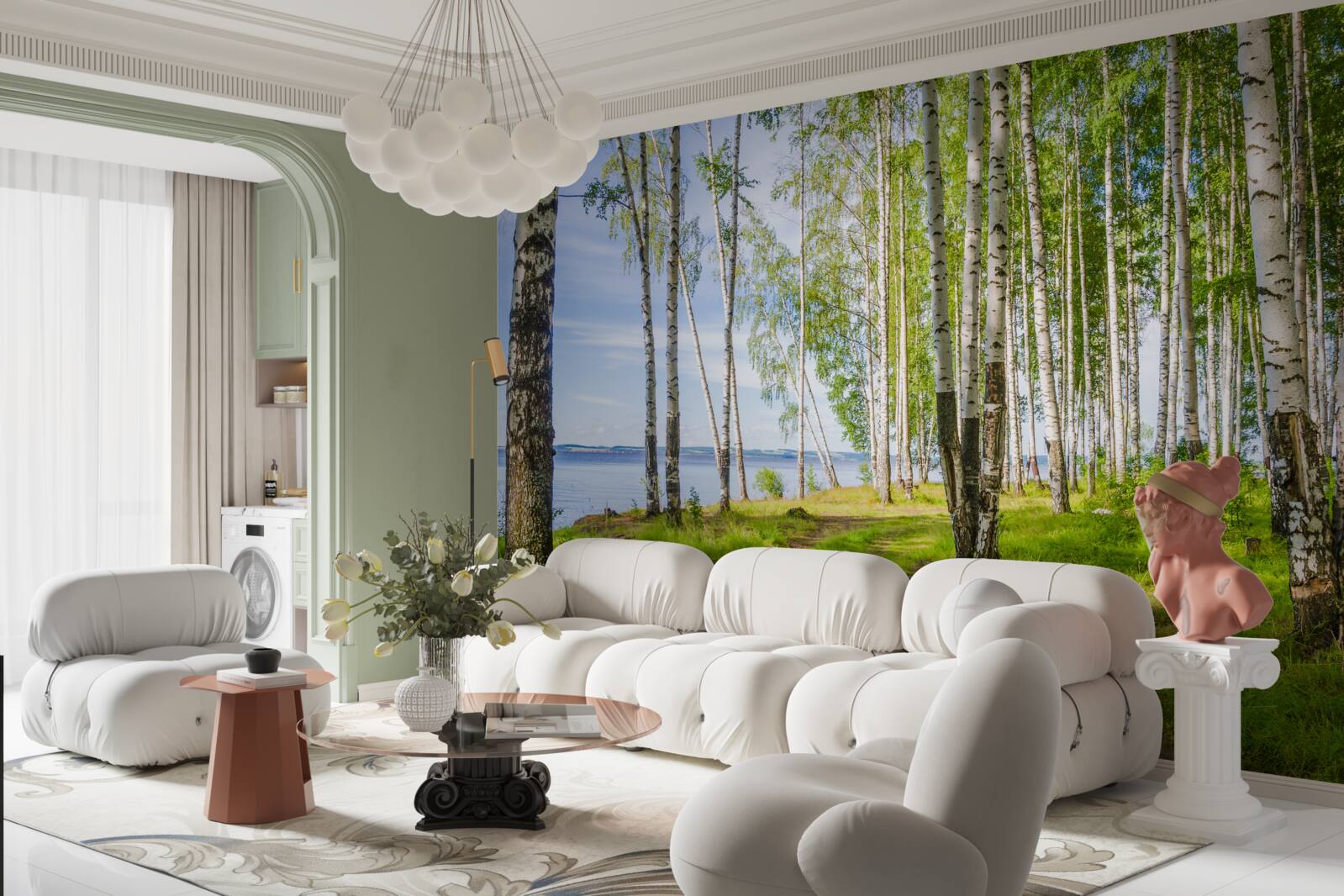 Фотошпалери галявина з березами біля озера, оточена зеленню