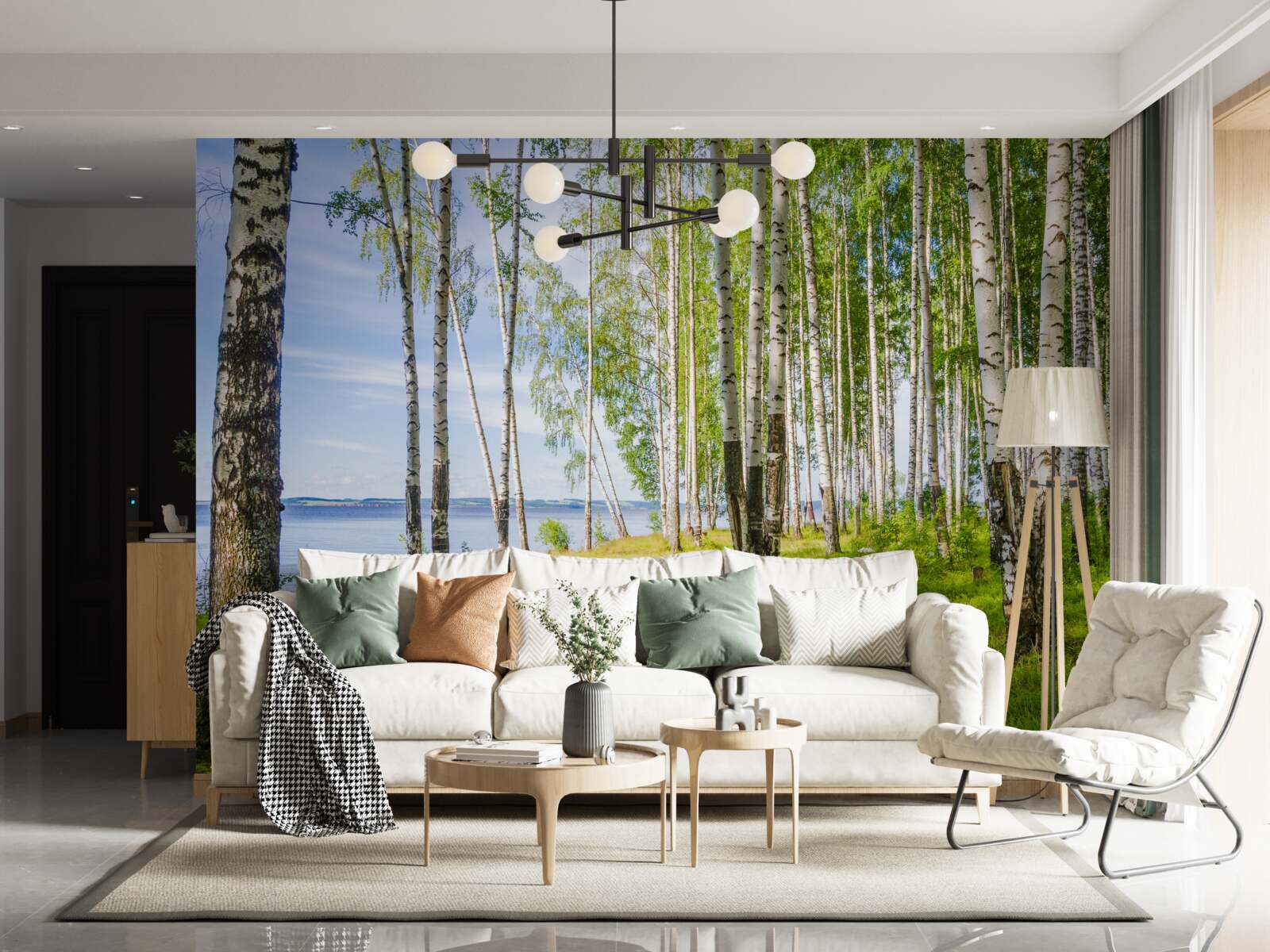 Фотошпалери галявина з березами біля озера, оточена зеленню