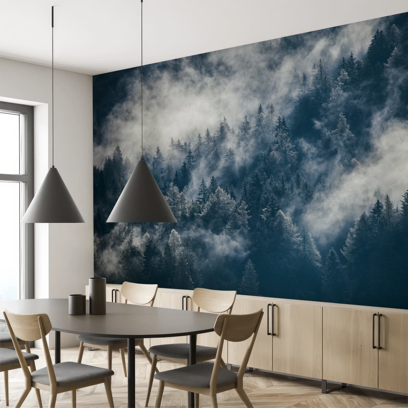 Фотошпалери густий туман огортає ліс вночі