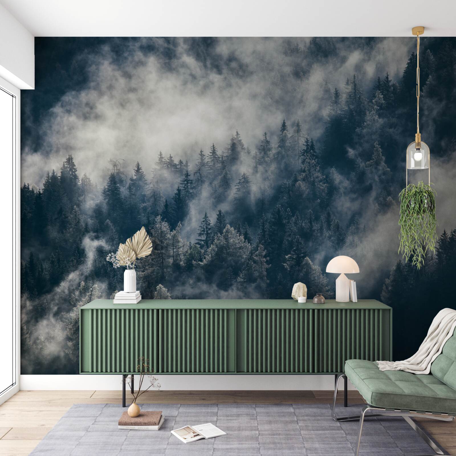 Фотошпалери густий туман огортає ліс вночі