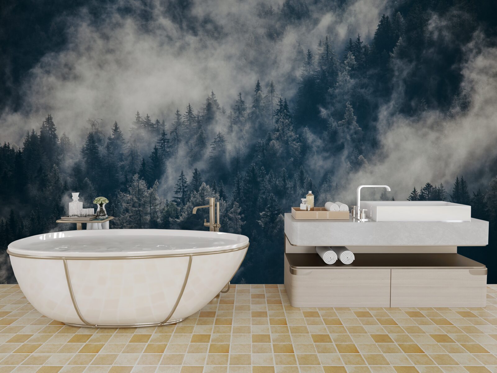 Фотошпалери густий туман огортає ліс вночі