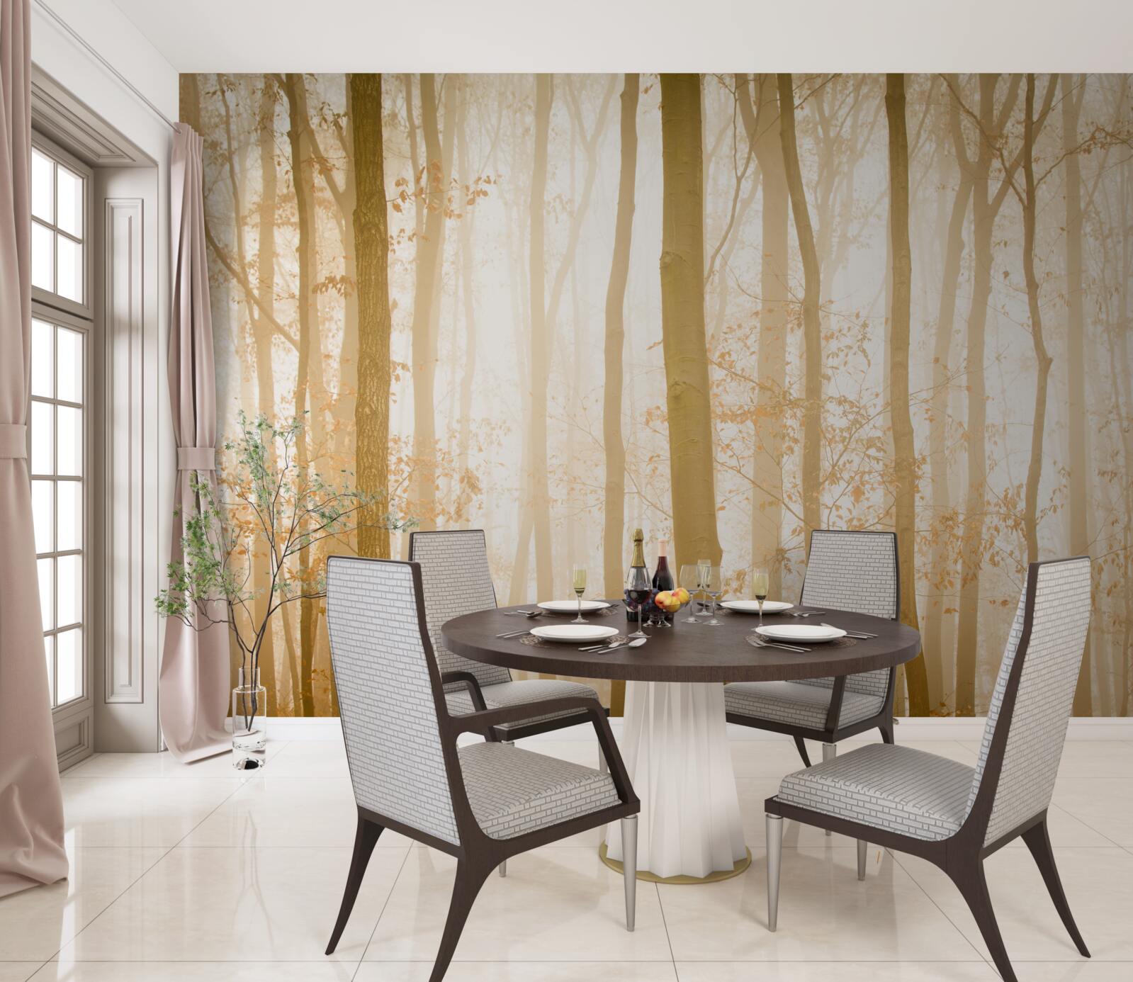 Фотошпалери сонячні промені пробиваються крізь туман у густому лісі