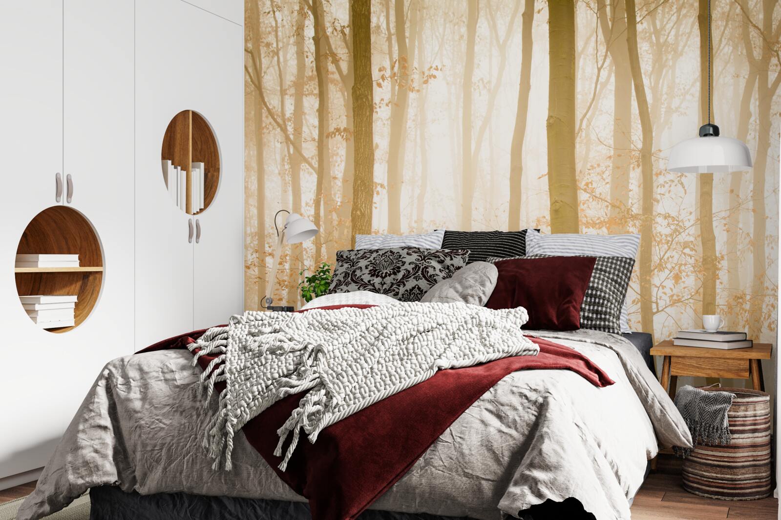 Фотошпалери сонячні промені пробиваються крізь туман у густому лісі