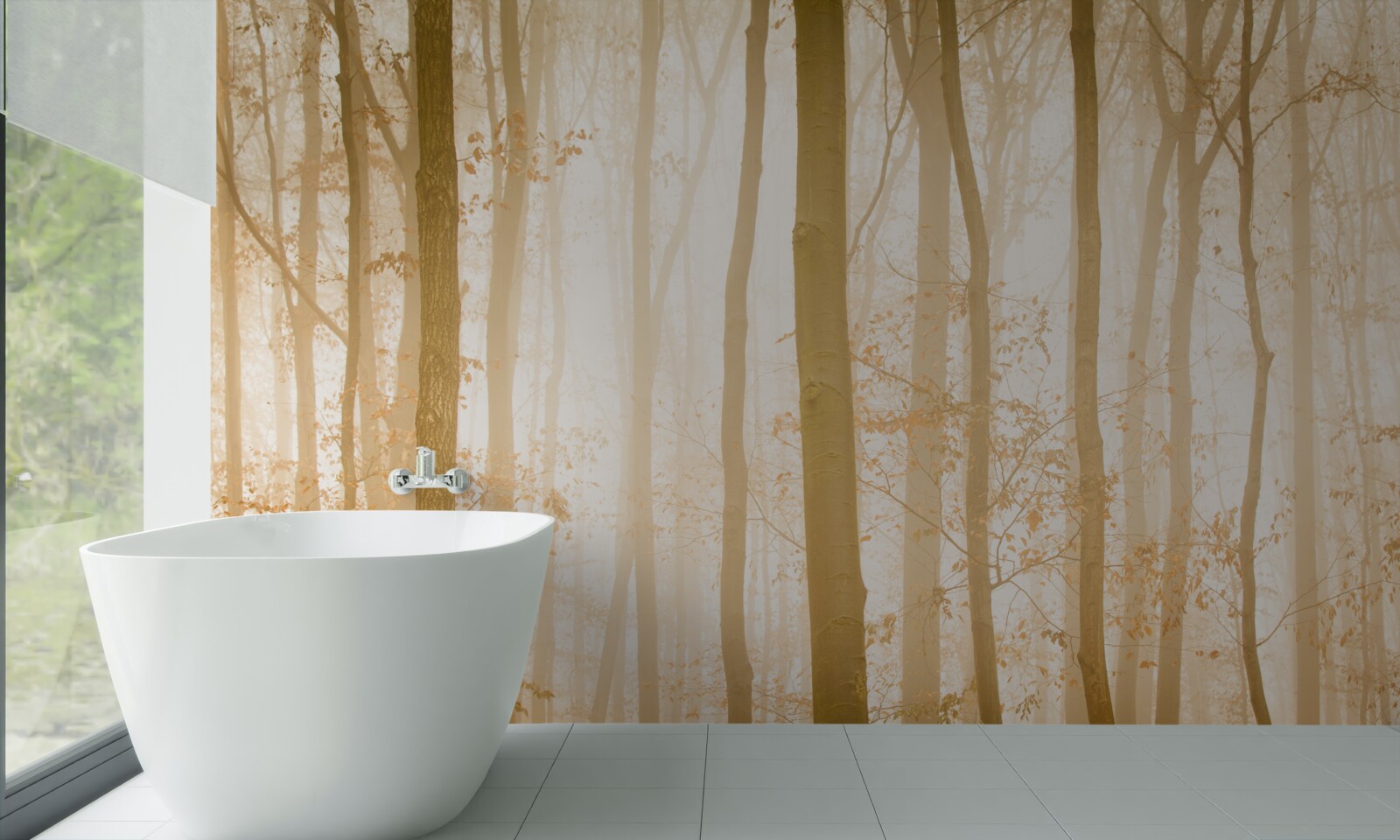 Фотошпалери сонячні промені пробиваються крізь туман у густому лісі