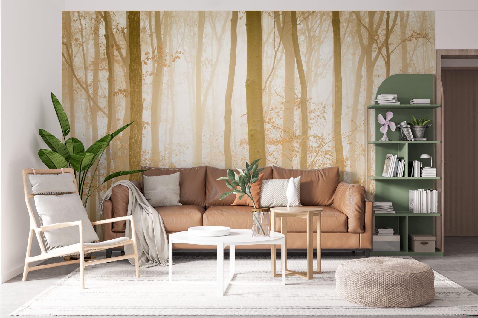 Фотошпалери сонячні промені пробиваються крізь туман у густому лісі