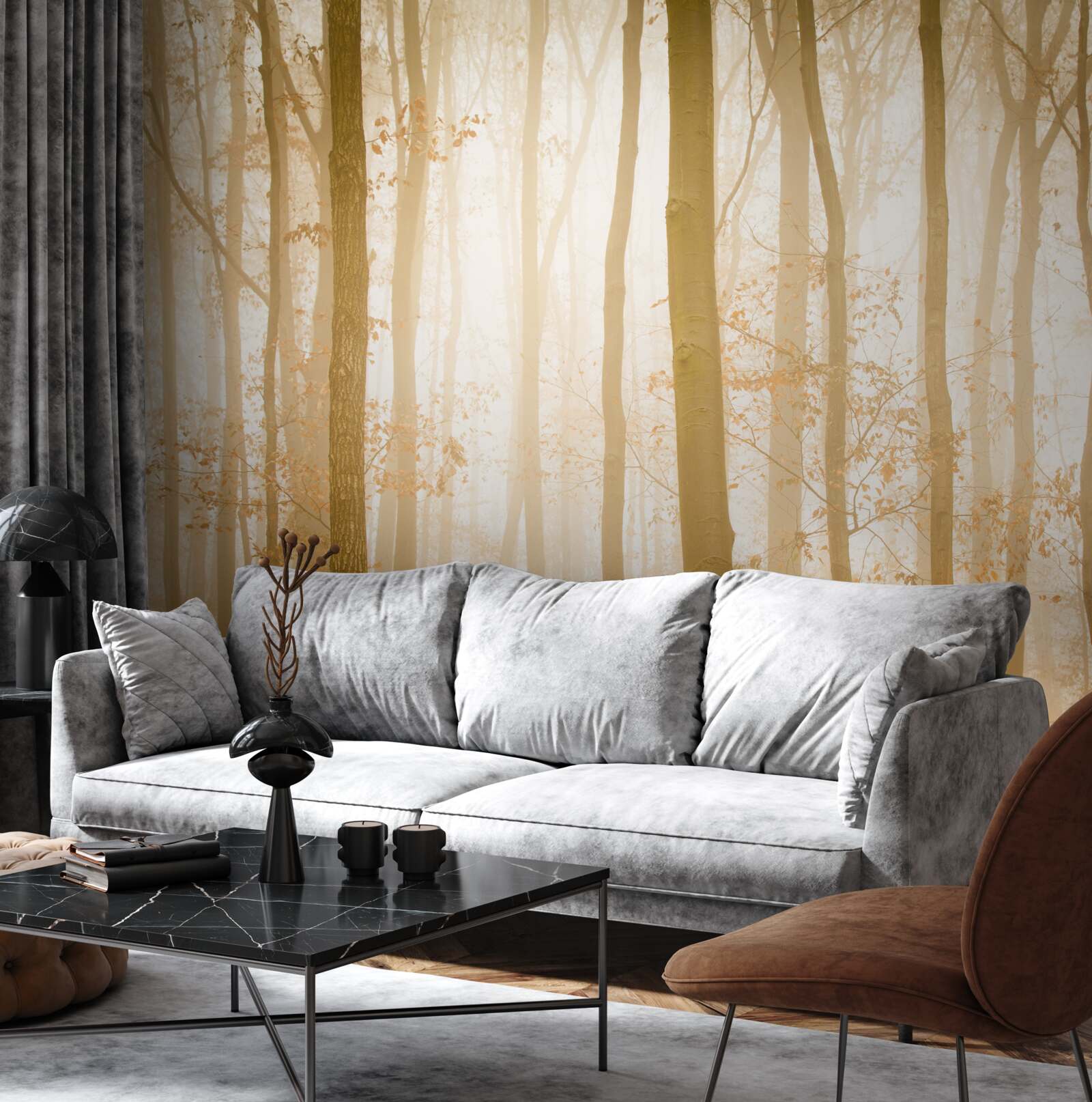 Фотошпалери сонячні промені пробиваються крізь туман у густому лісі