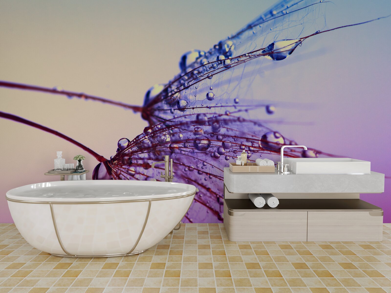 Фотошпалери на заході сонця краплі роси прикрашають кульбабу