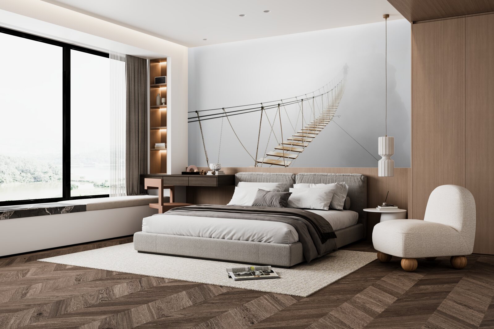 Фотошпалери туман над підвісним мостом