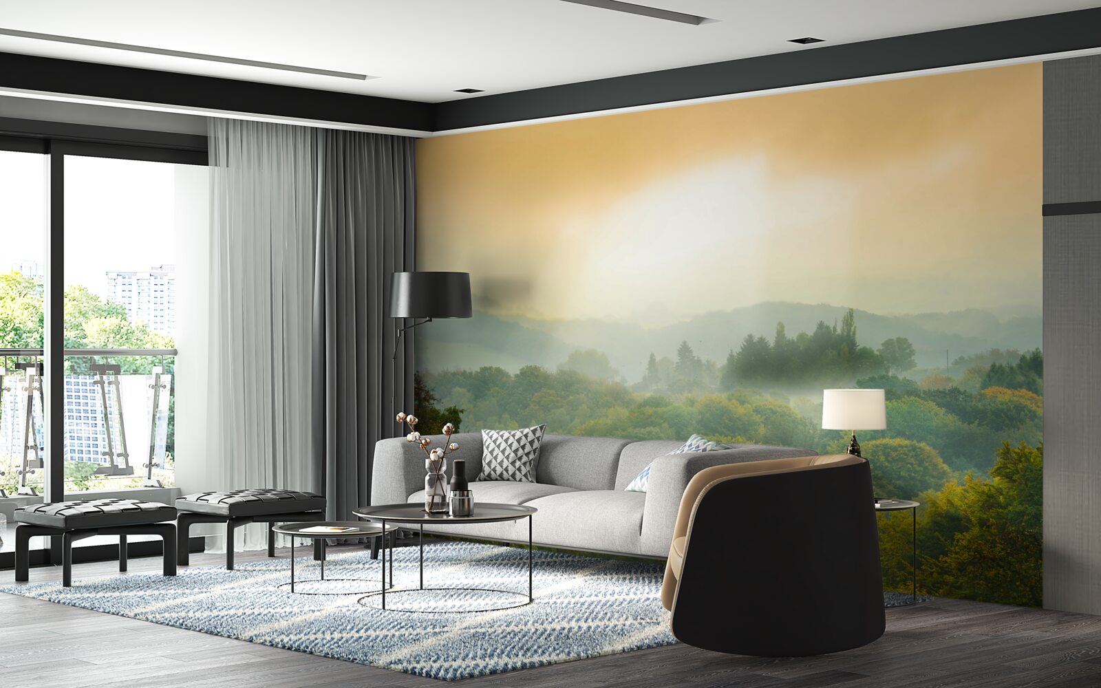 Фотошпалери Світанок сходить над задимленим лісом