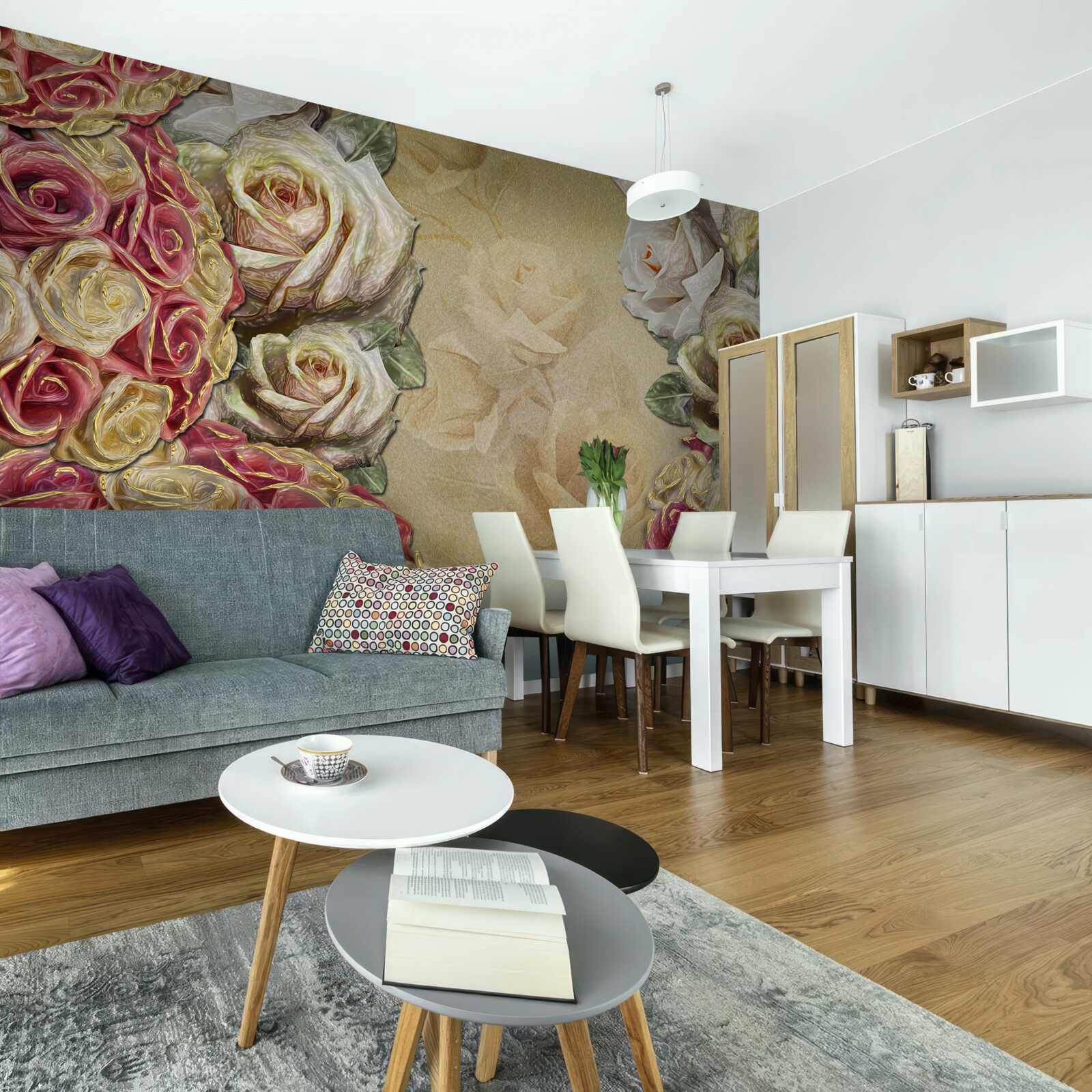 Фотошпалери вінтажна композиція поєднує білі та червоні троянди