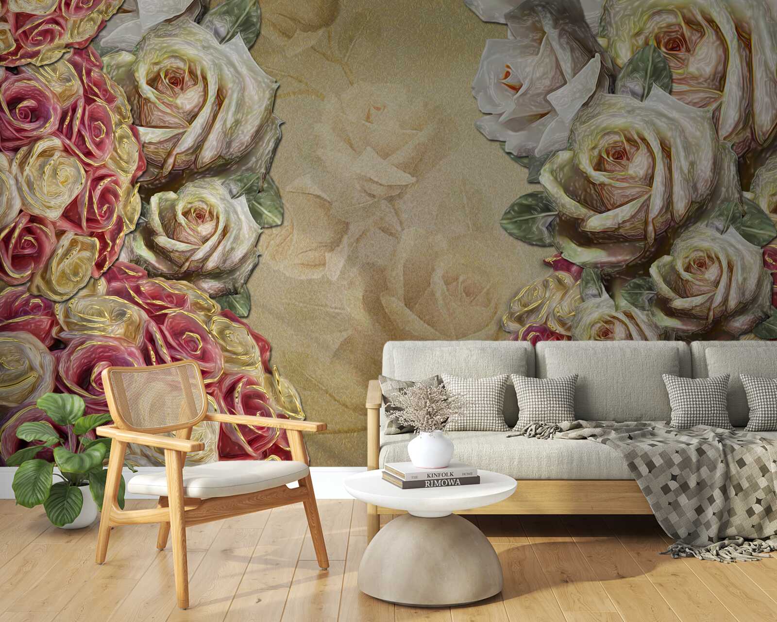 Фотошпалери вінтажна композиція поєднує білі та червоні троянди