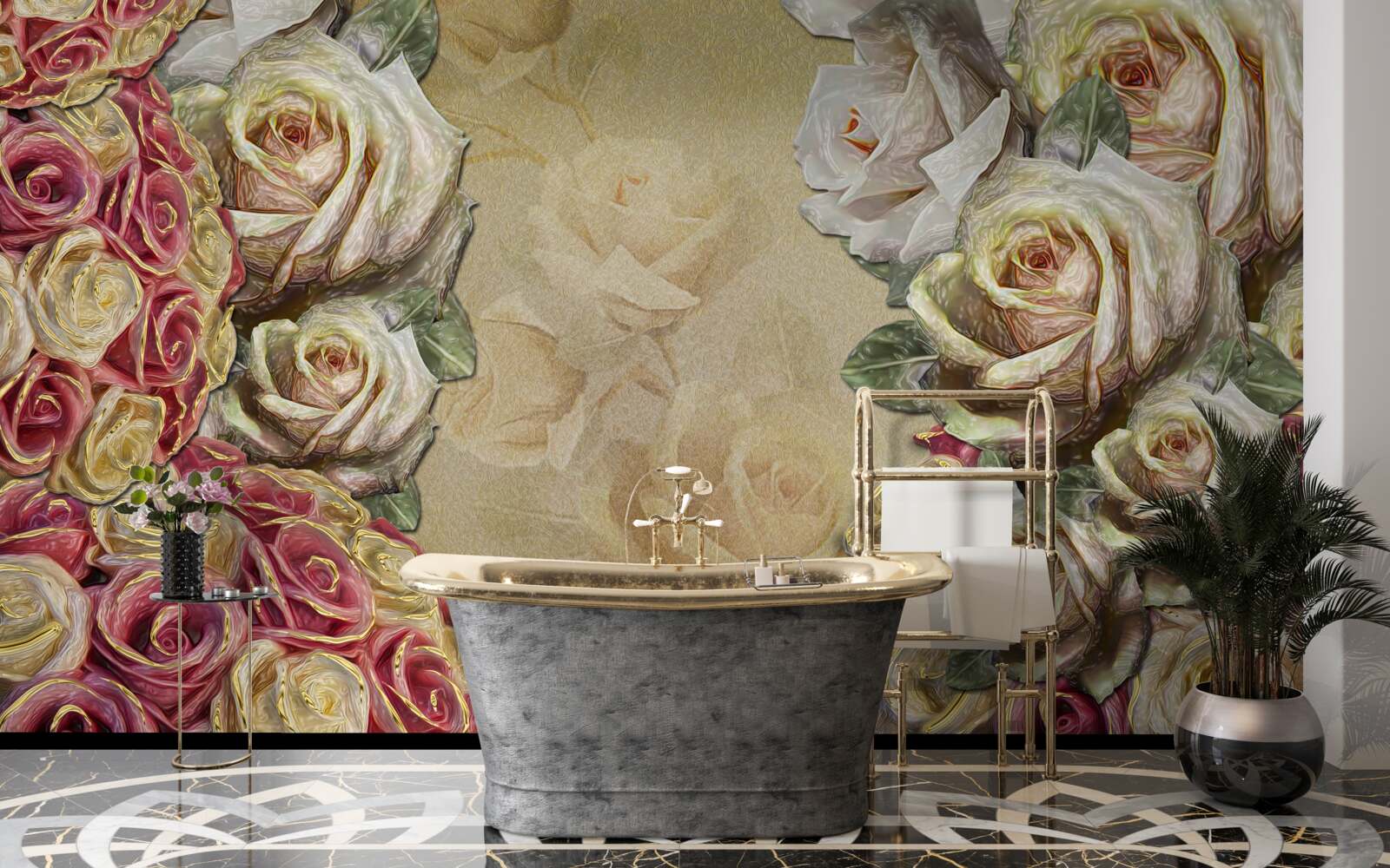 Фотошпалери вінтажна композиція поєднує білі та червоні троянди