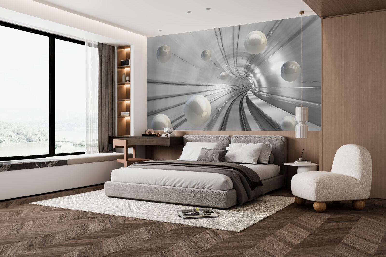 Фотошпалери проходження білосніжних куль, підвішених у повітрі