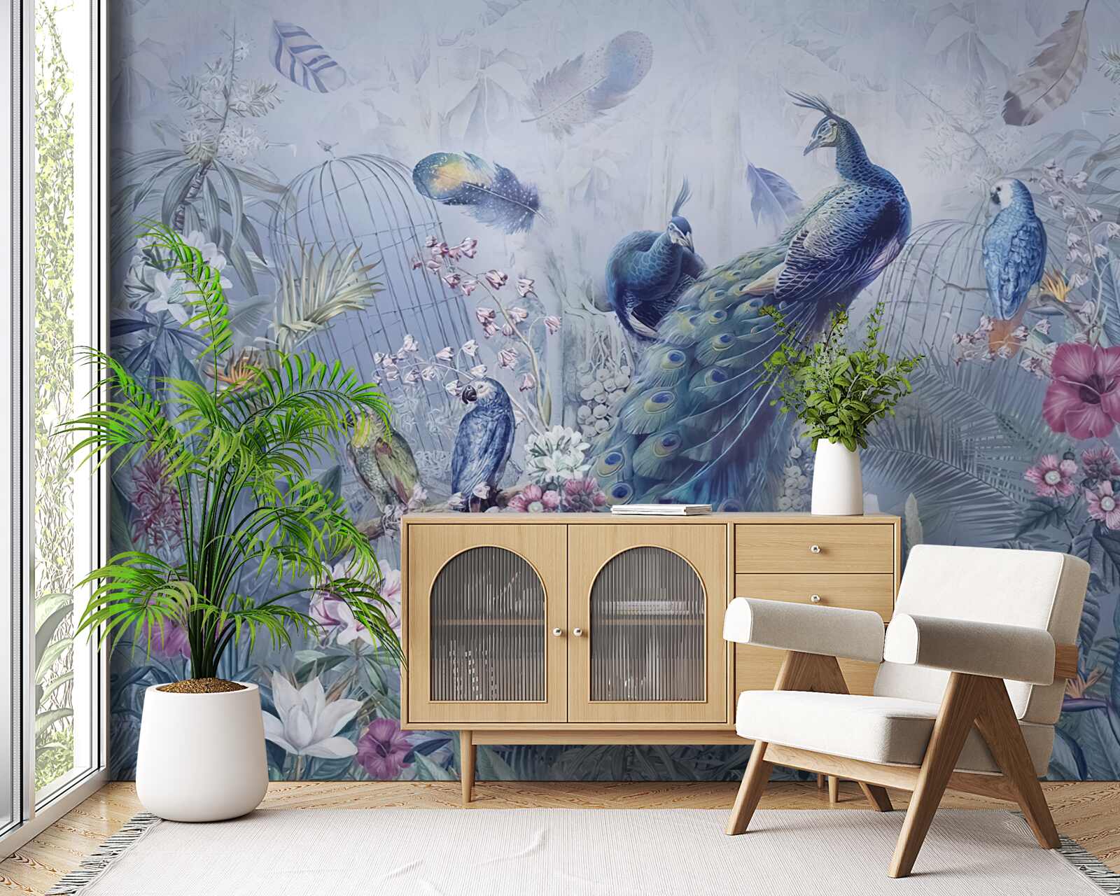 Фотошпалери папуги та павич у буянні квітів у саду