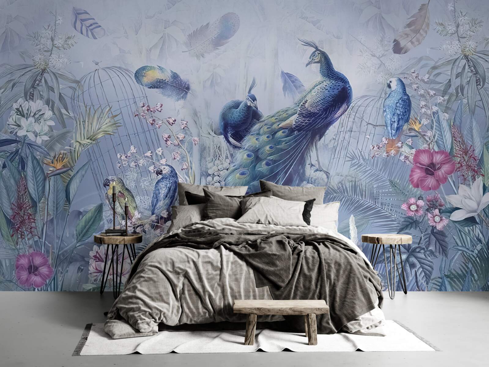 Фотошпалери папуги та павич у буянні квітів у саду