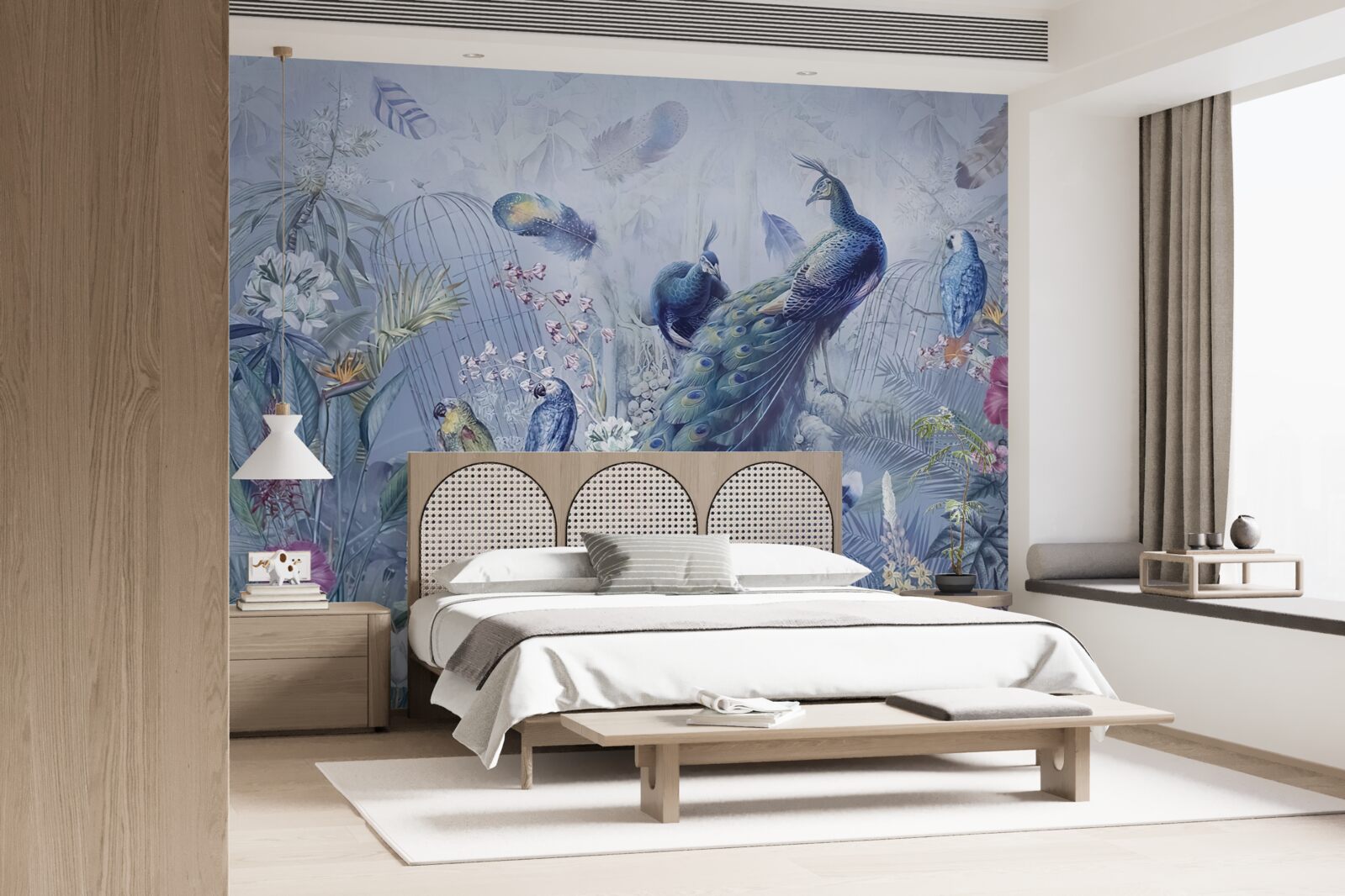 Фотошпалери папуги та павич у буянні квітів у саду