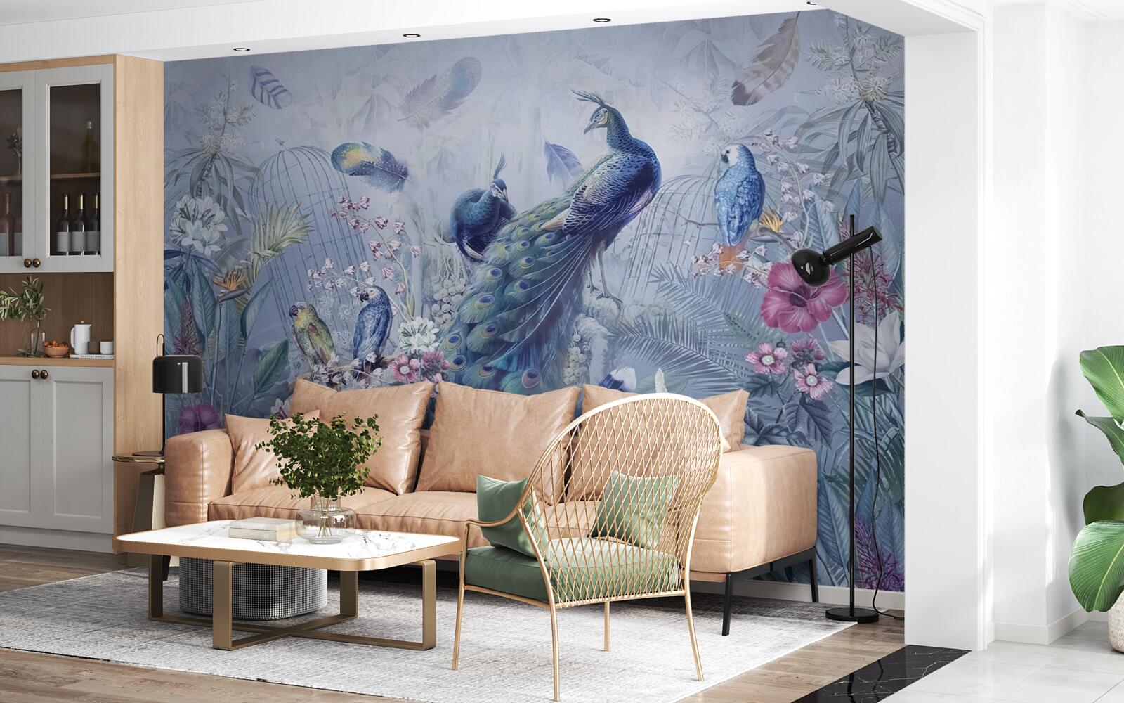 Фотошпалери папуги та павич у буянні квітів у саду