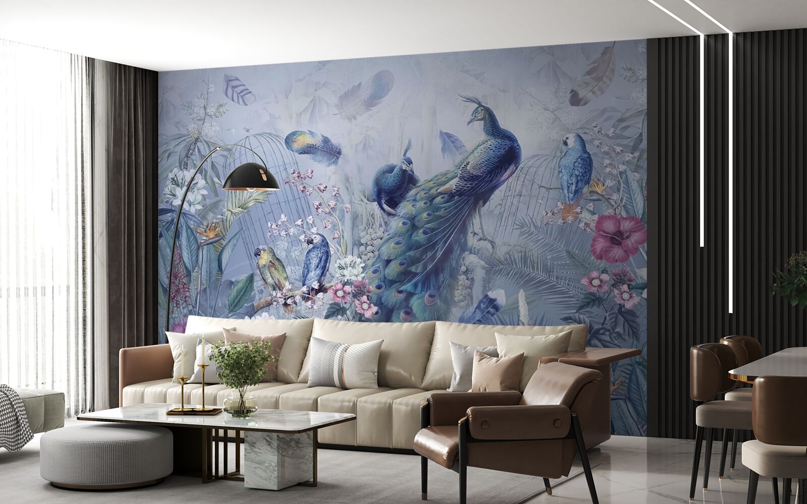 Фотошпалери папуги та павич у буянні квітів у саду