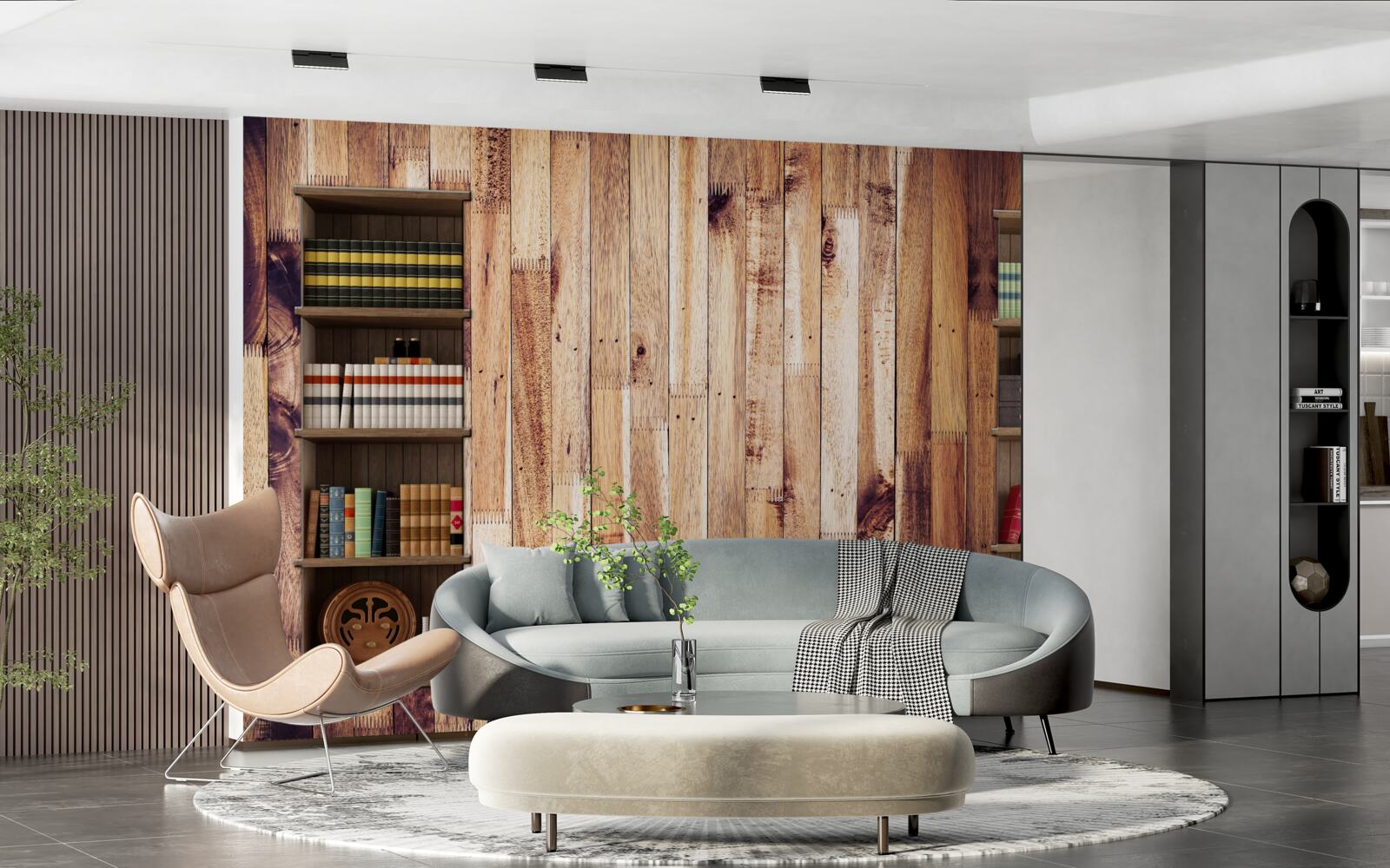 Фотошпалери книжкові полиці на паркетній підлозі