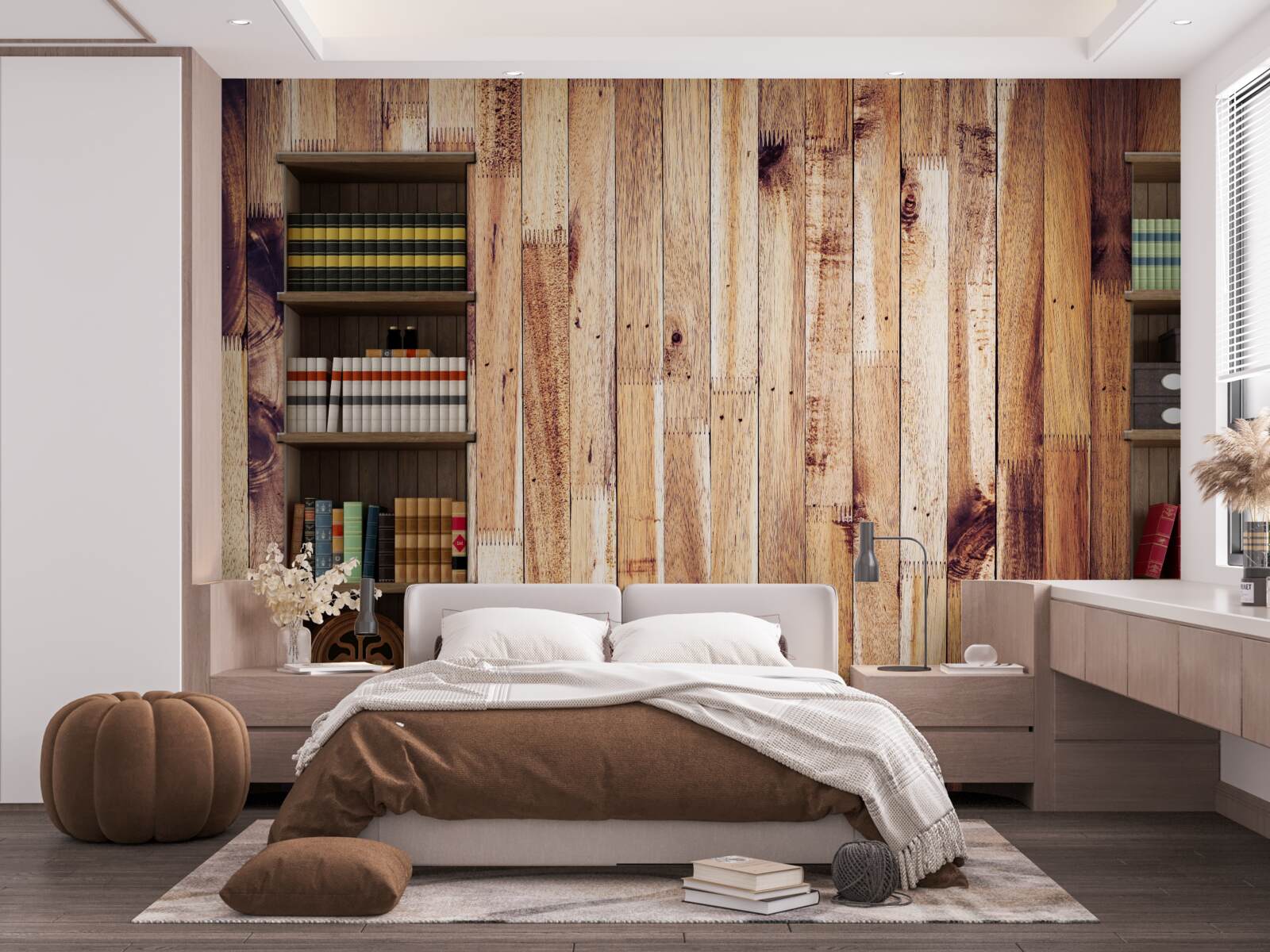 Фотошпалери книжкові полиці на паркетній підлозі