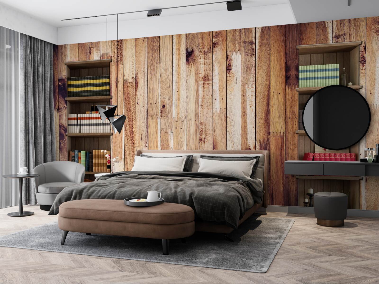 Фотошпалери книжкові полиці на паркетній підлозі