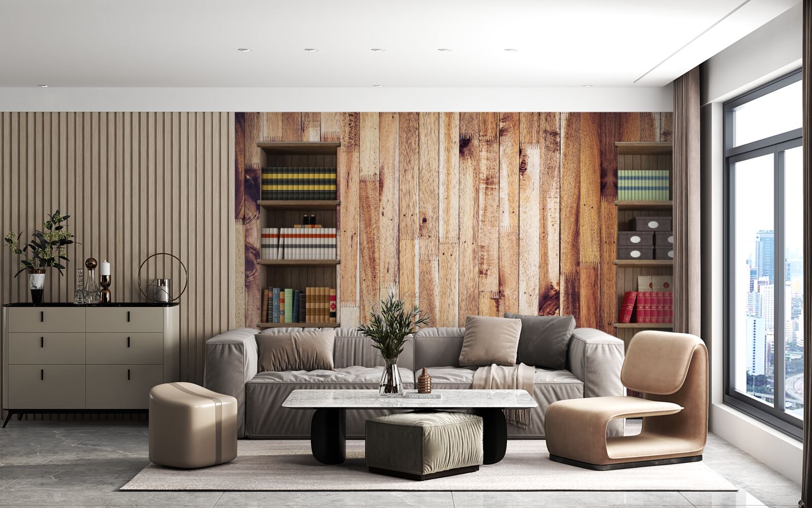 Фотошпалери книжкові полиці на паркетній підлозі