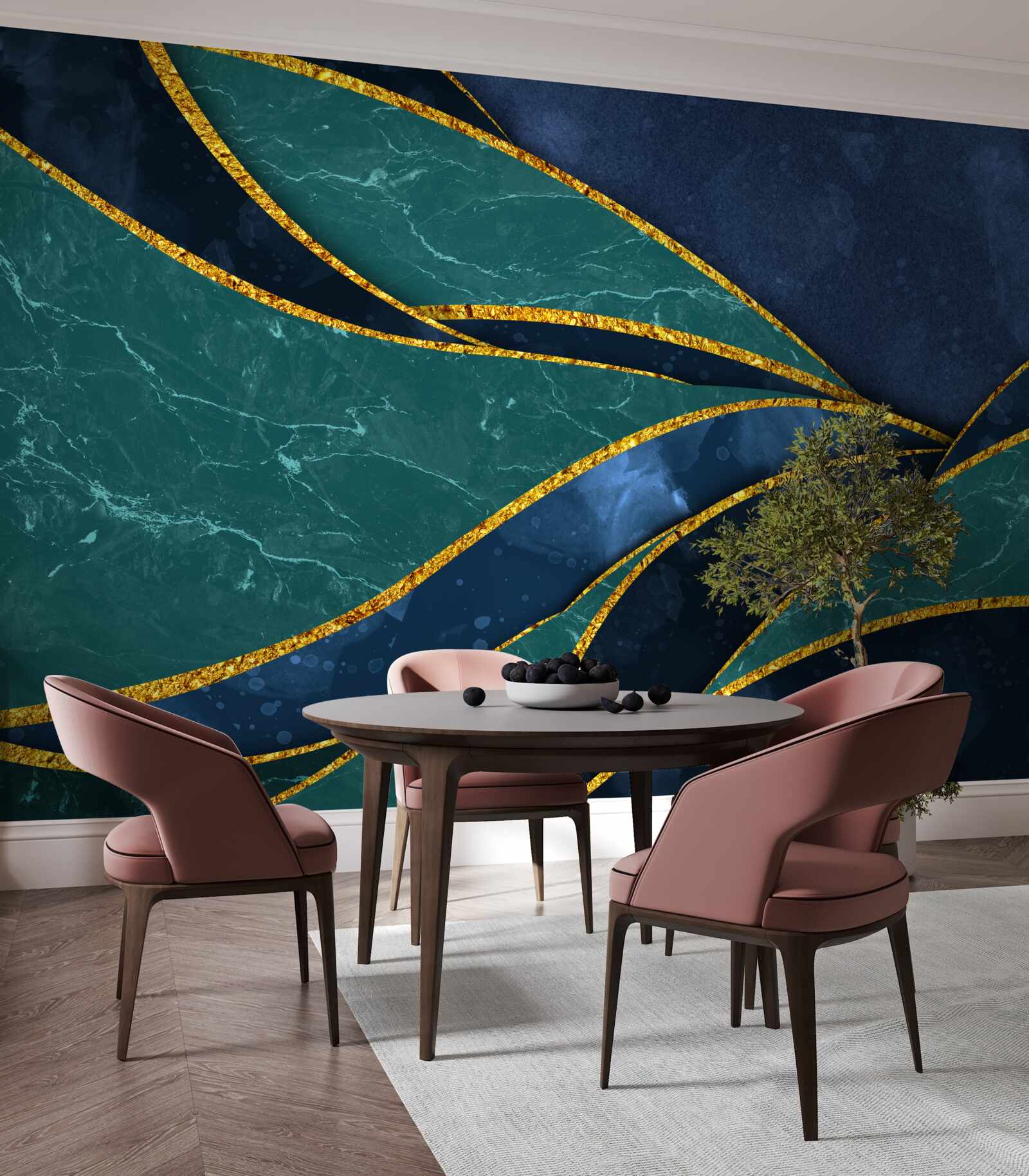 Фотошпалери смарагдові лінії витончено вигнуті на блакитному тлі