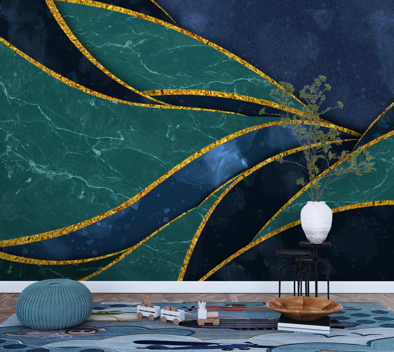 Фотошпалери смарагдові лінії витончено вигнуті на блакитному тлі