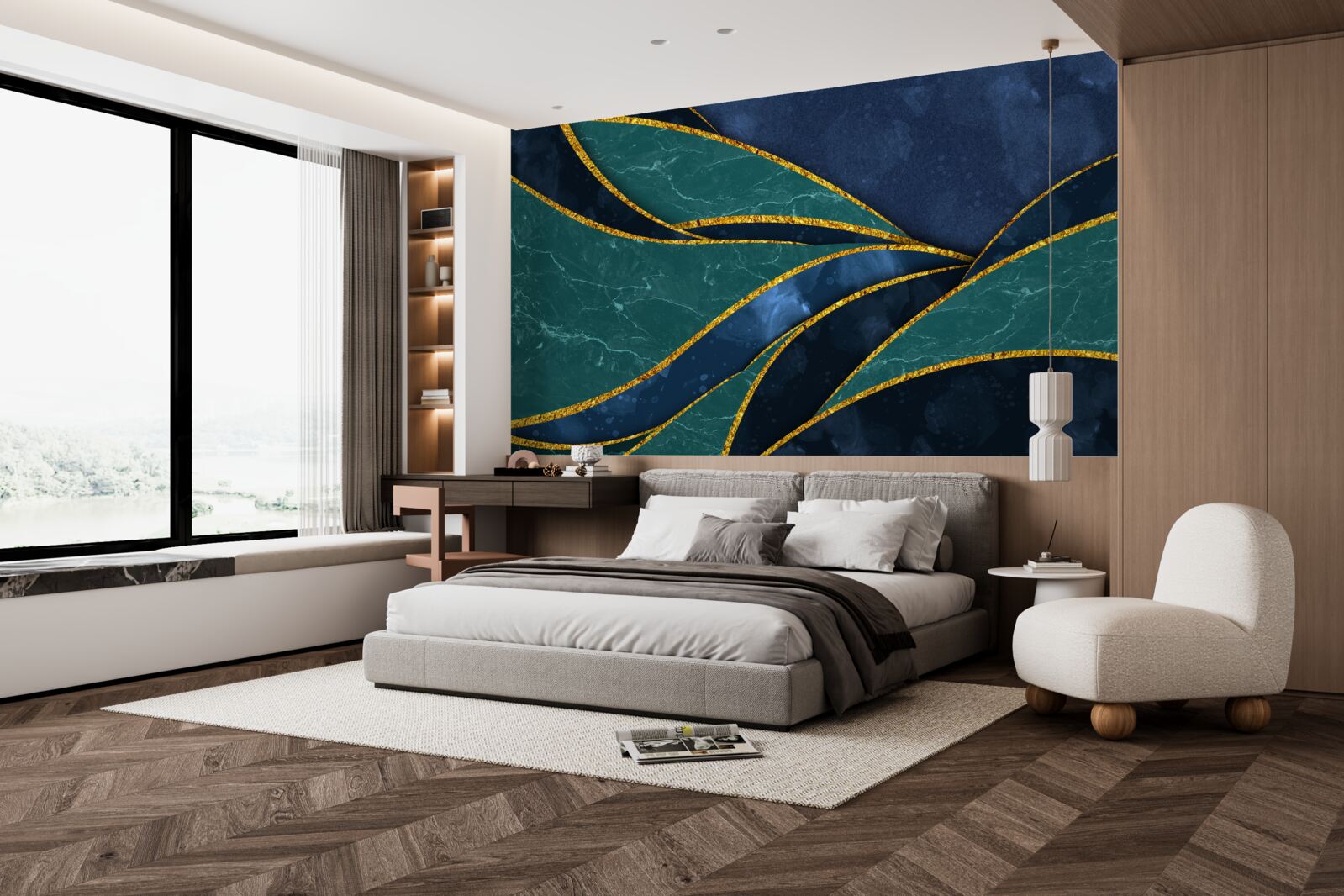 Фотошпалери смарагдові лінії витончено вигнуті на блакитному тлі