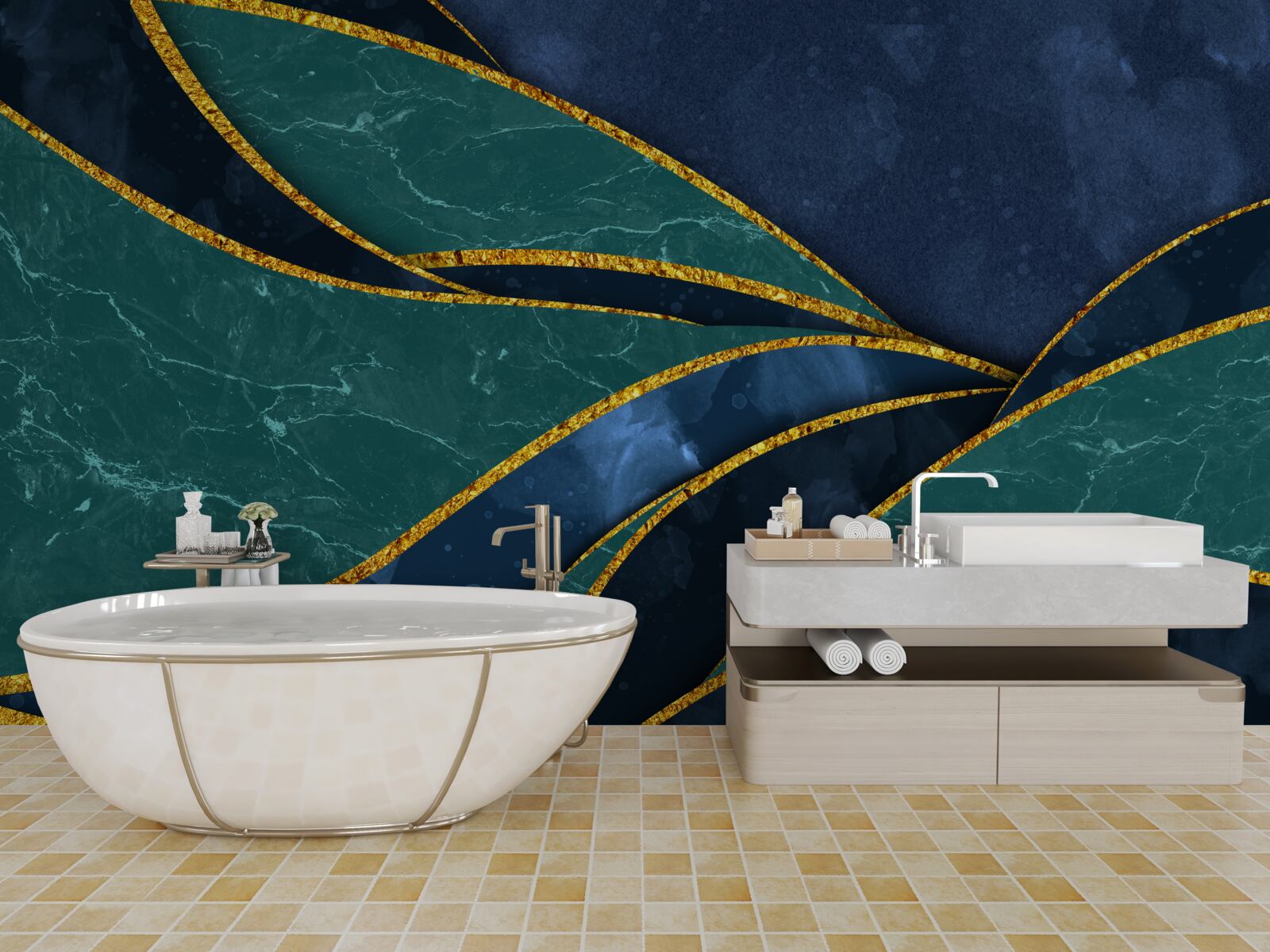 Фотошпалери смарагдові лінії витончено вигнуті на блакитному тлі
