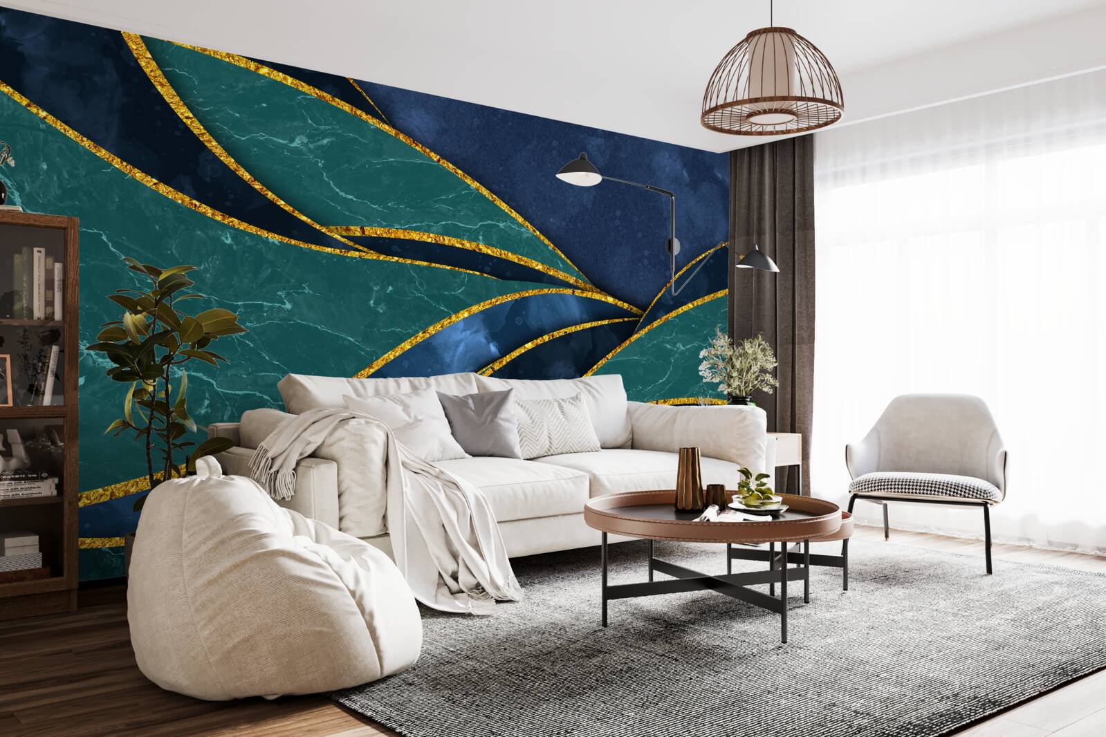 Фотошпалери смарагдові лінії витончено вигнуті на блакитному тлі