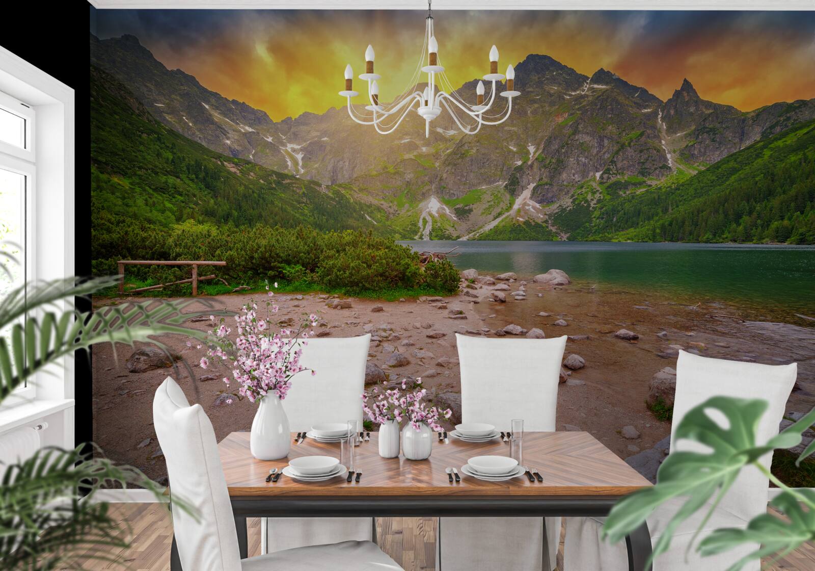 Фотошпалери призахідне сонце сідає за озеро в горах Татри