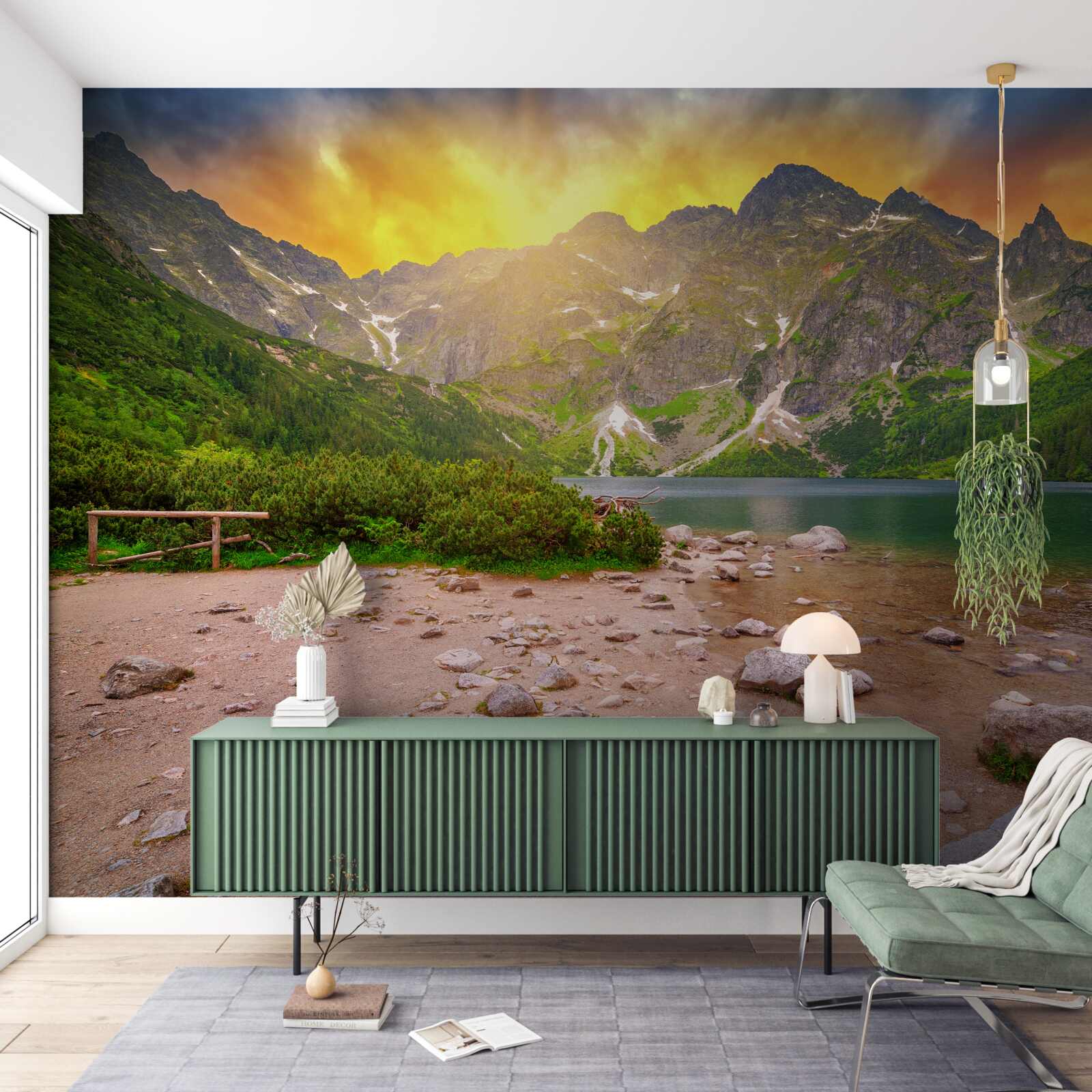 Фотошпалери призахідне сонце сідає за озеро в горах Татри