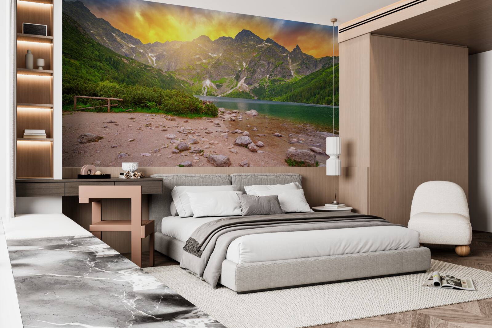 Фотошпалери призахідне сонце сідає за озеро в горах Татри