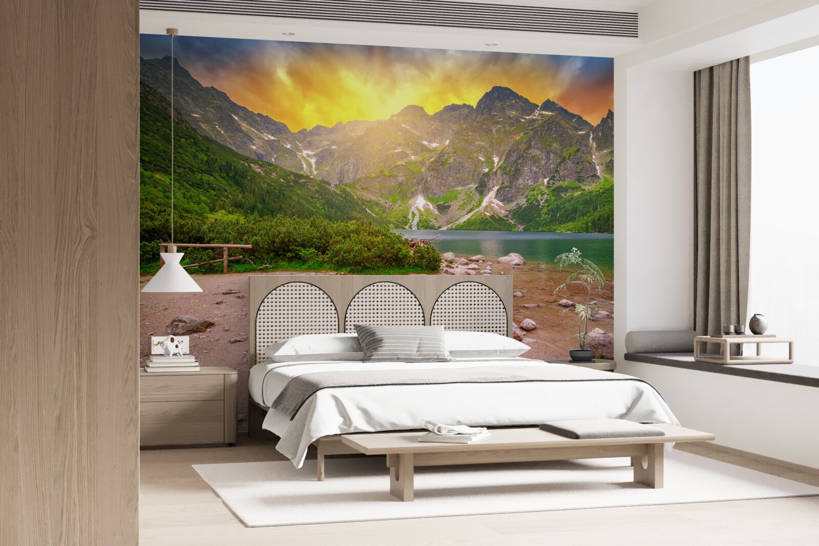 Фотошпалери призахідне сонце сідає за озеро в горах Татри