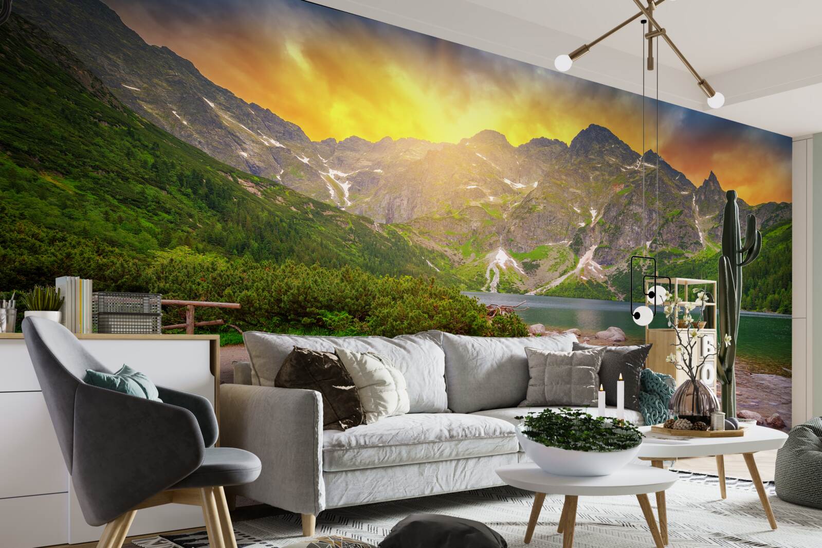 Фотошпалери призахідне сонце сідає за озеро в горах Татри