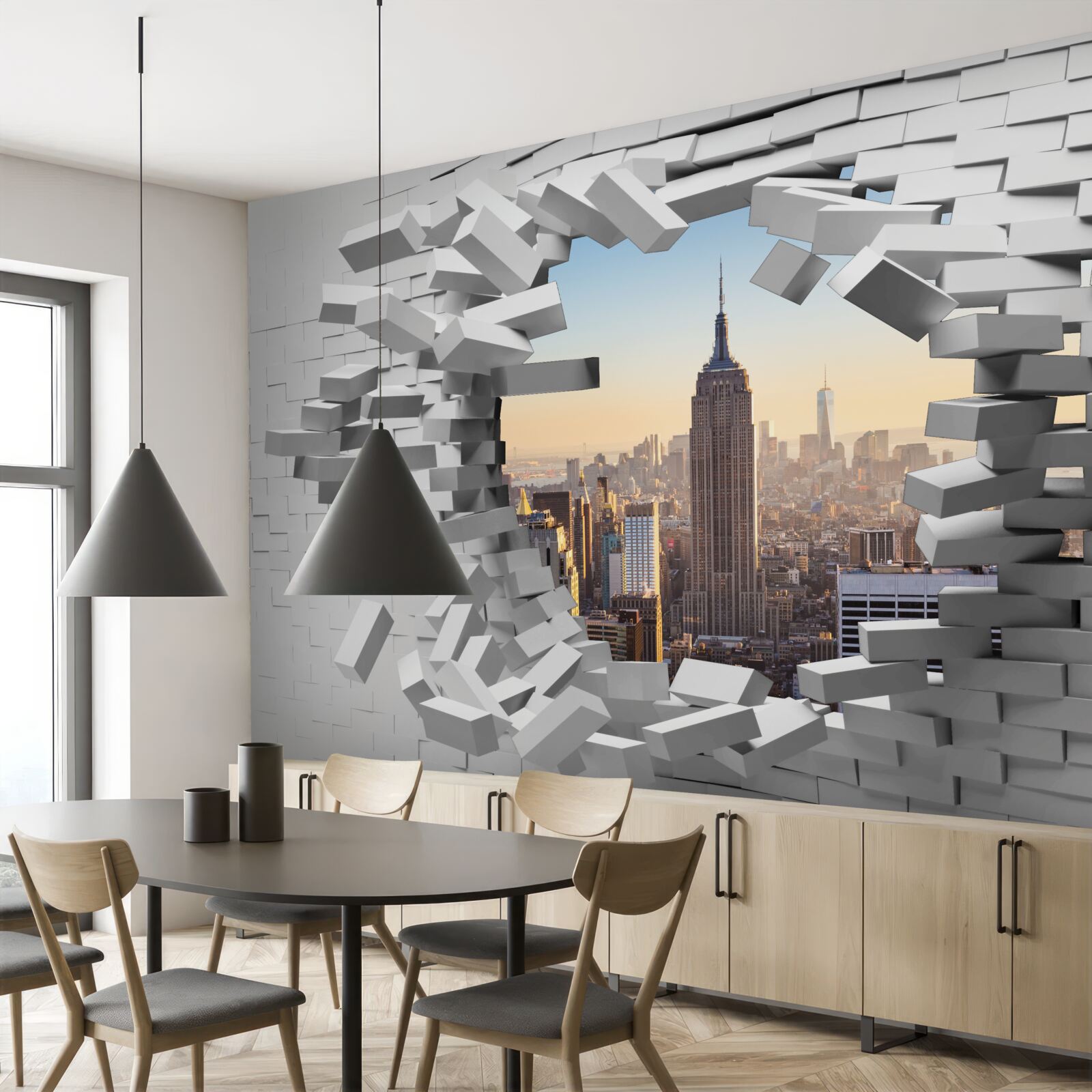 Фотошпалери дивлячись крізь зруйновану стіну Емпайр Стейт Білдінг