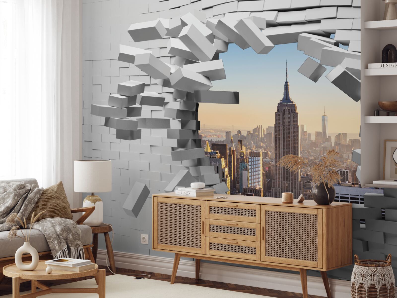 Фотошпалери дивлячись крізь зруйновану стіну Емпайр Стейт Білдінг