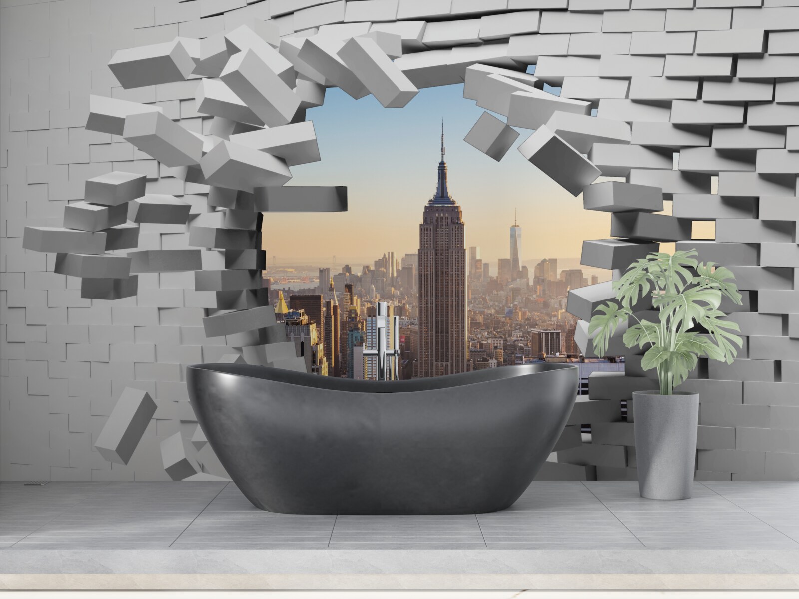 Фотошпалери дивлячись крізь зруйновану стіну Емпайр Стейт Білдінг