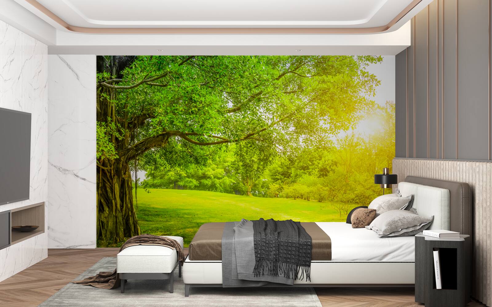 Фотошпалери світла галявина, освітлена сонцем і помітна своїм зеленим кольором