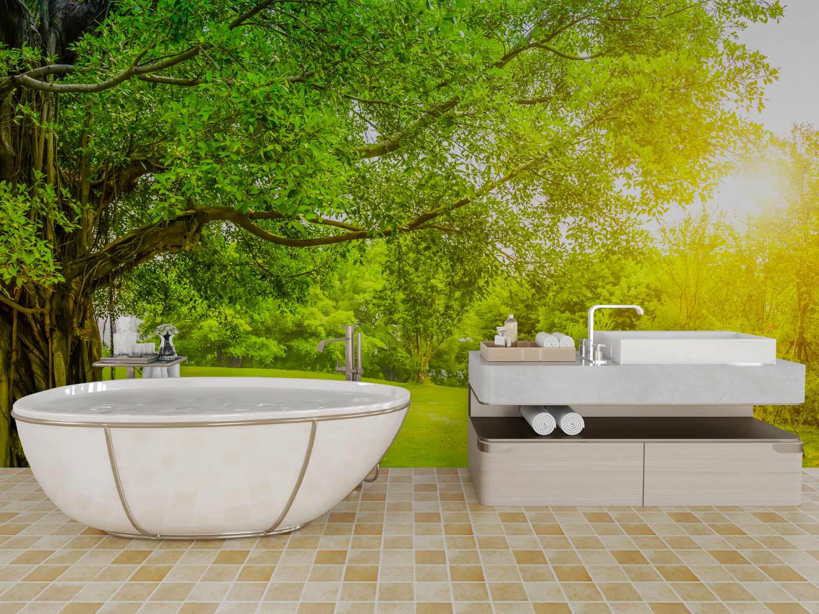 Фотошпалери світла галявина, освітлена сонцем і помітна своїм зеленим кольором