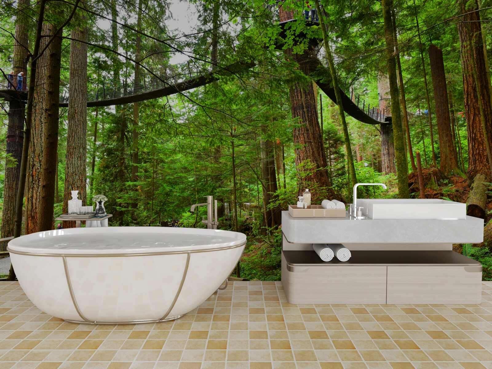 Фотошпалери підвісний туристичний міст, оточений лісом