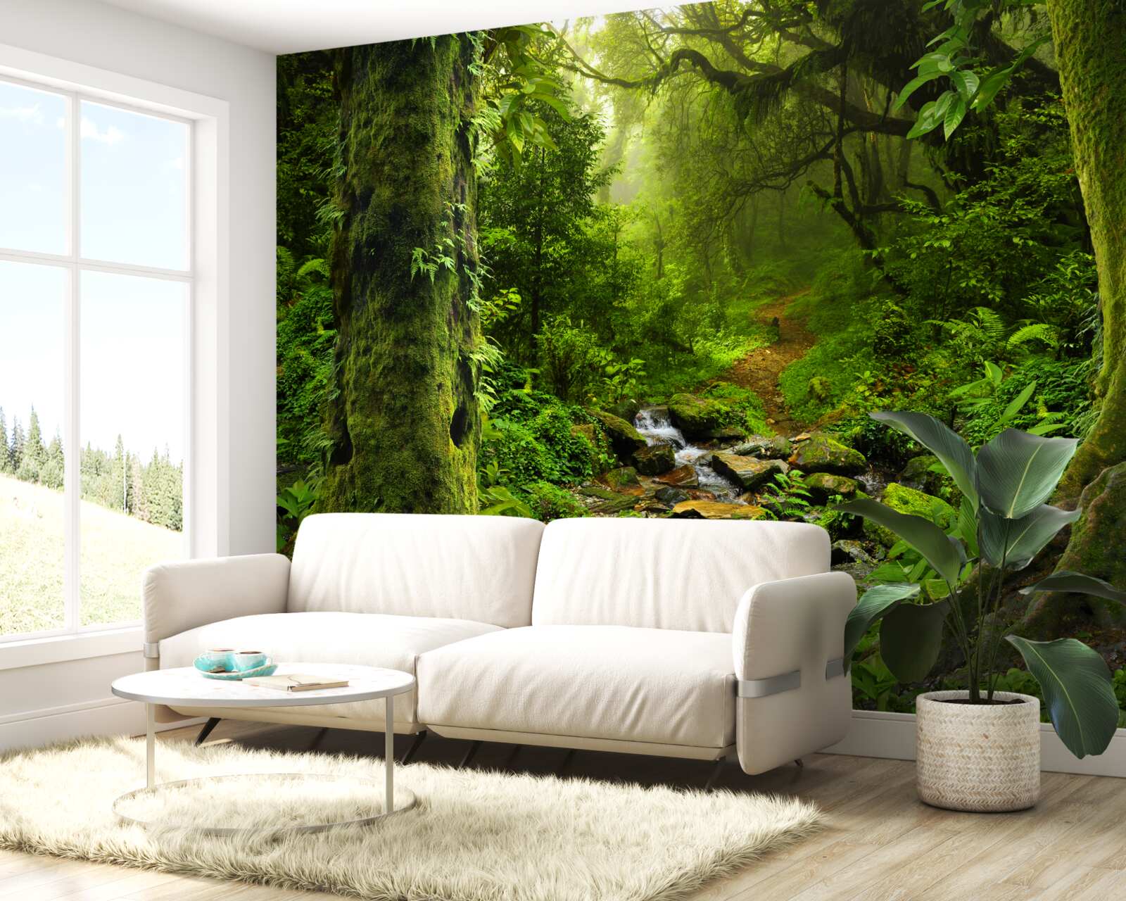 Фотошпалери Світанок над водоспадом посеред лісу