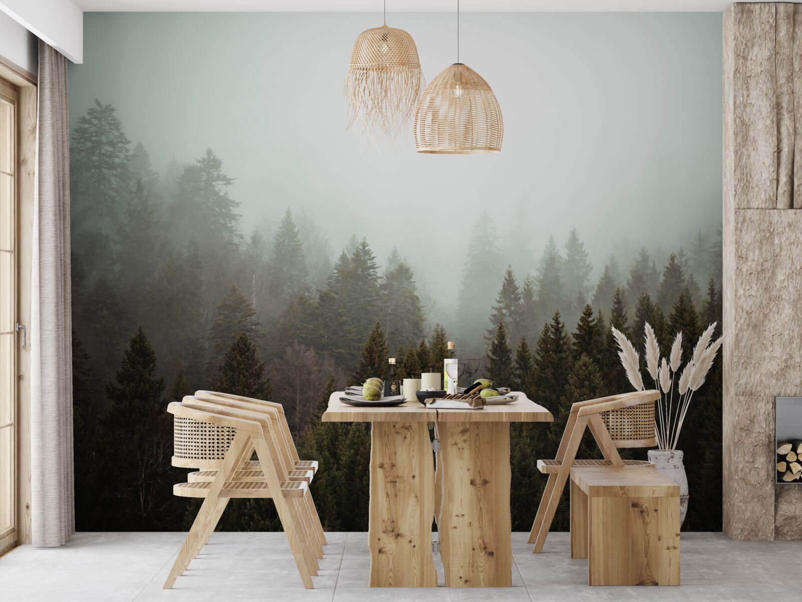 Фотошпалери яскравий схід сонця серед туманного хвойного лісу