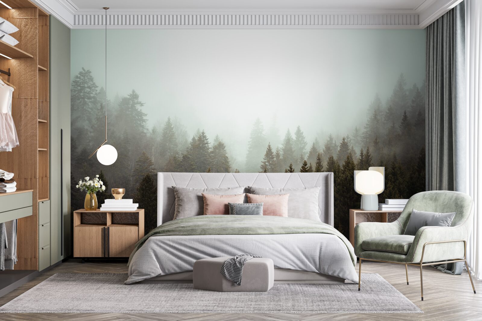 Фотошпалери яскравий схід сонця серед туманного хвойного лісу