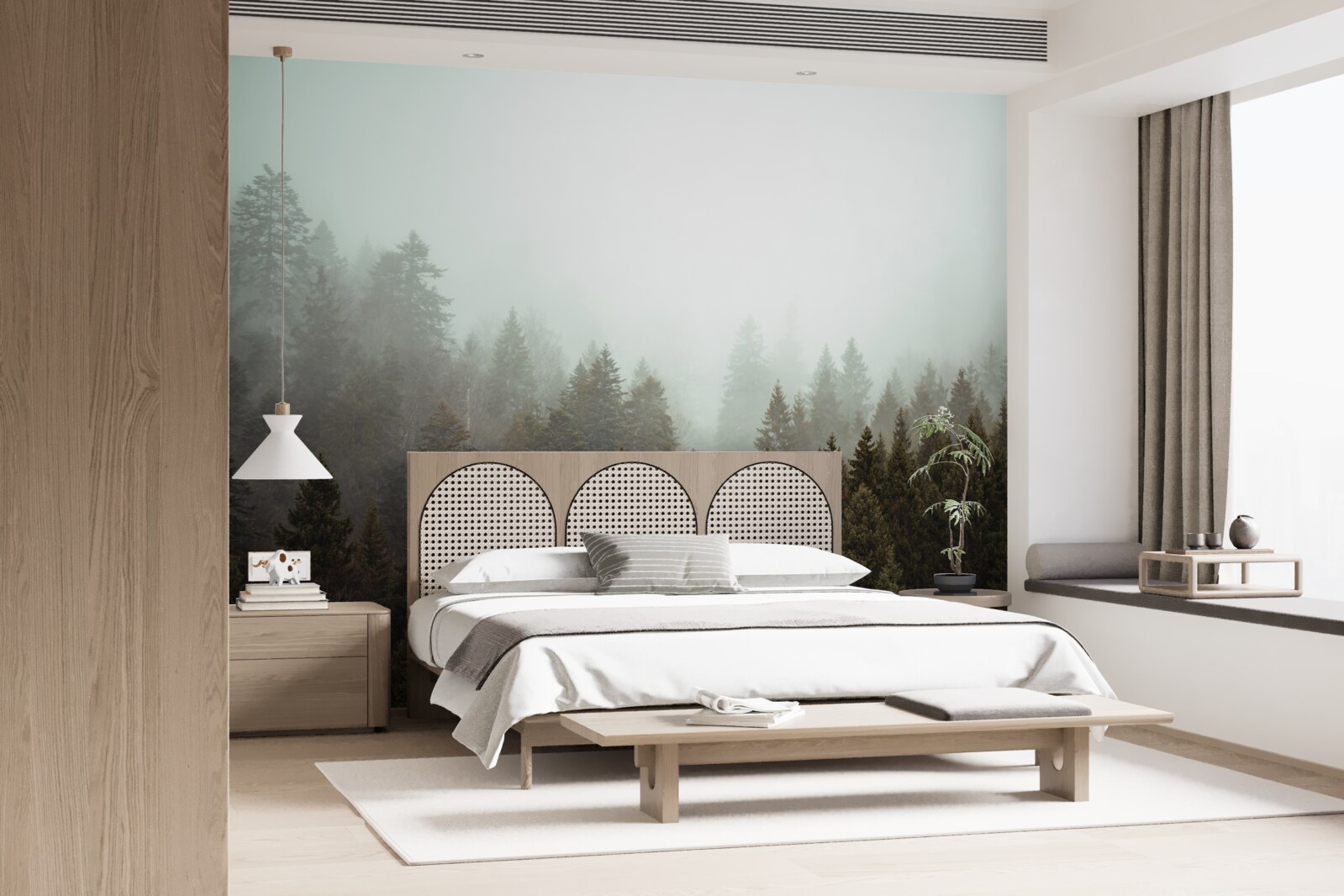 Фотошпалери яскравий схід сонця серед туманного хвойного лісу