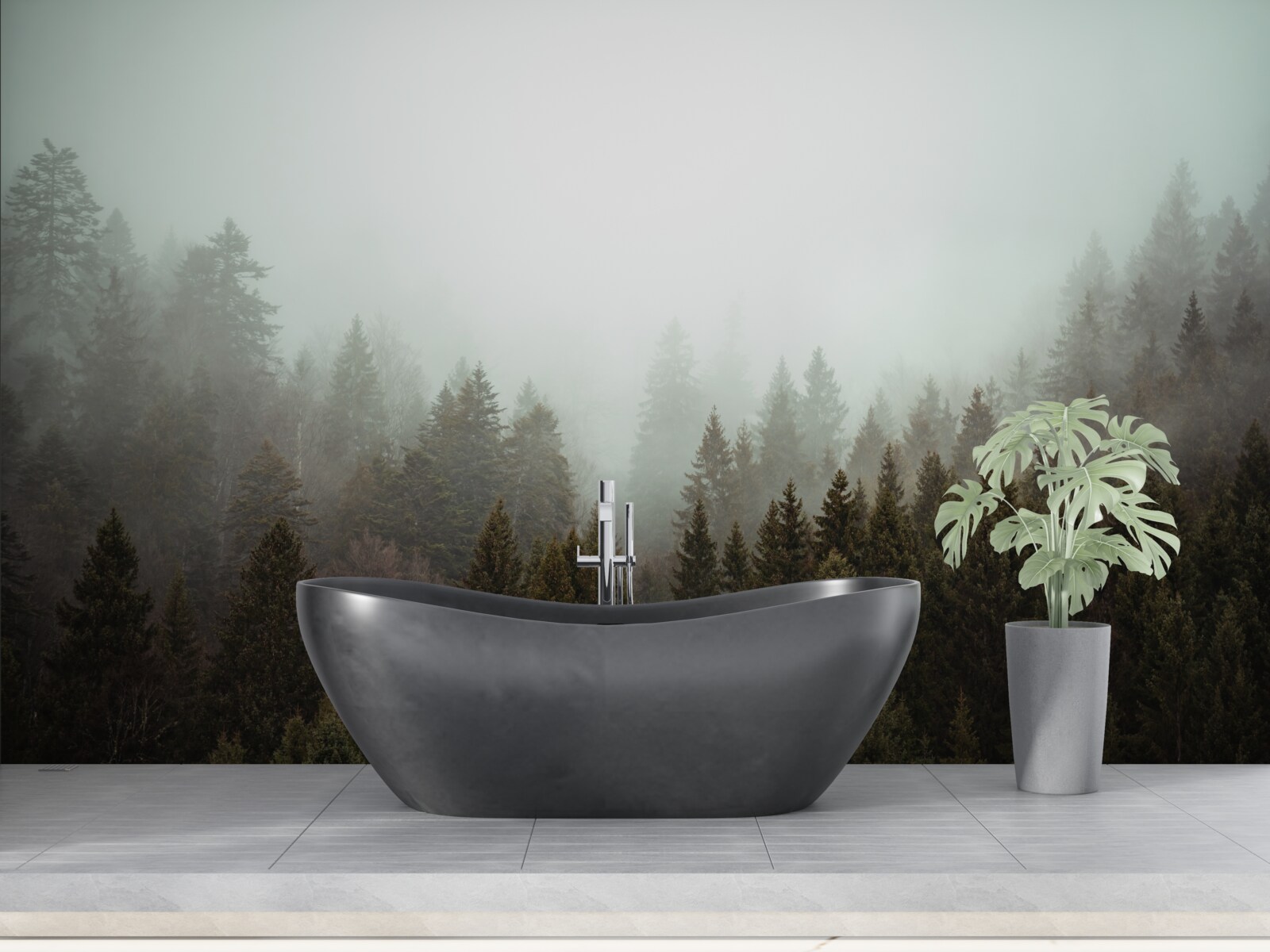 Фотошпалери яскравий схід сонця серед туманного хвойного лісу