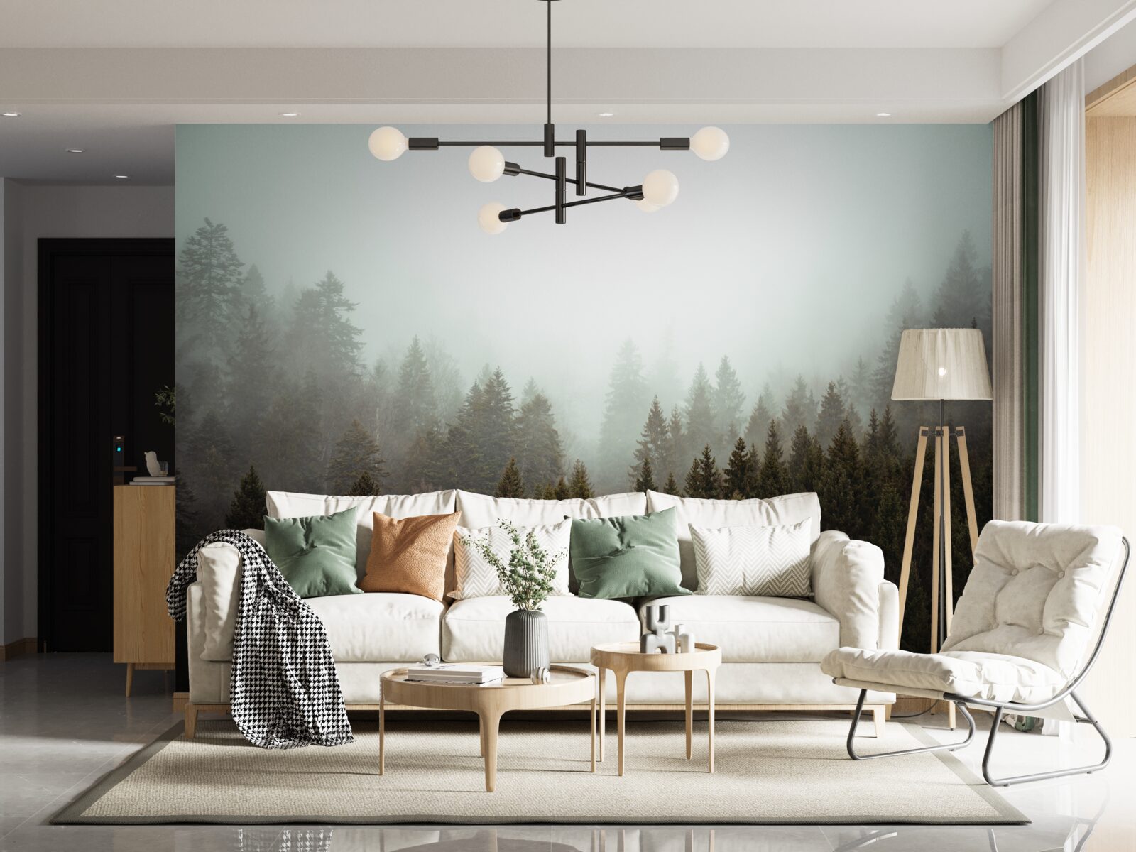 Фотошпалери яскравий схід сонця серед туманного хвойного лісу