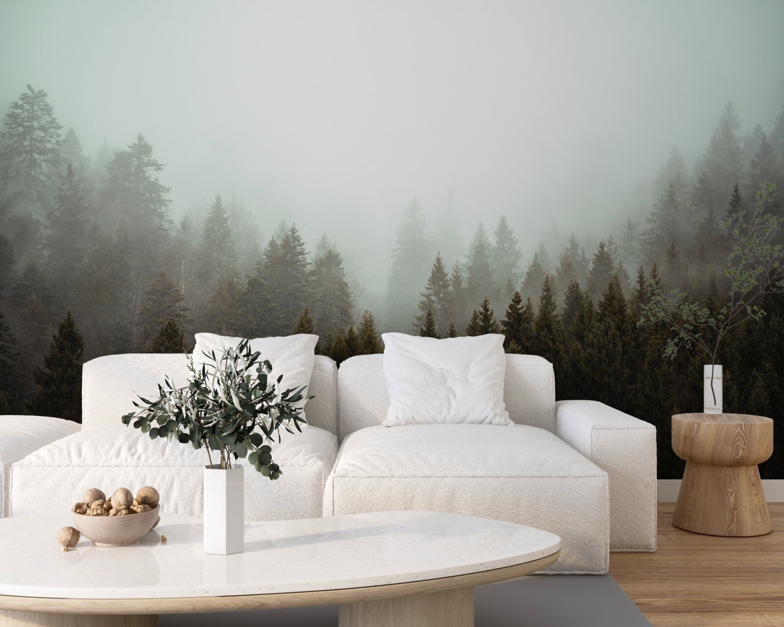 Фотошпалери яскравий схід сонця серед туманного хвойного лісу